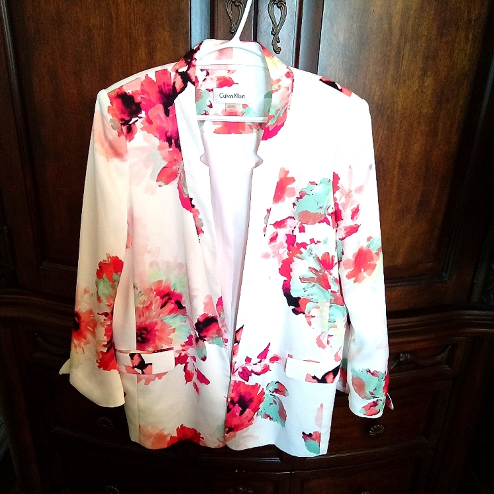 Calvin Klein Women's White Graphic Floral Satin Floral Reverse Collar Blazer 12